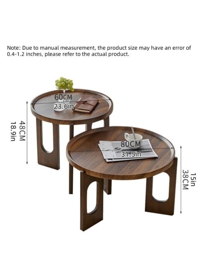 WALALLA Space-Saving Nesting Table Set: 2-Piece Round Wooden Coffee Tables, Multifunctional Low Tables for Flexible Living Room or Office Layout, Brown - Image 2